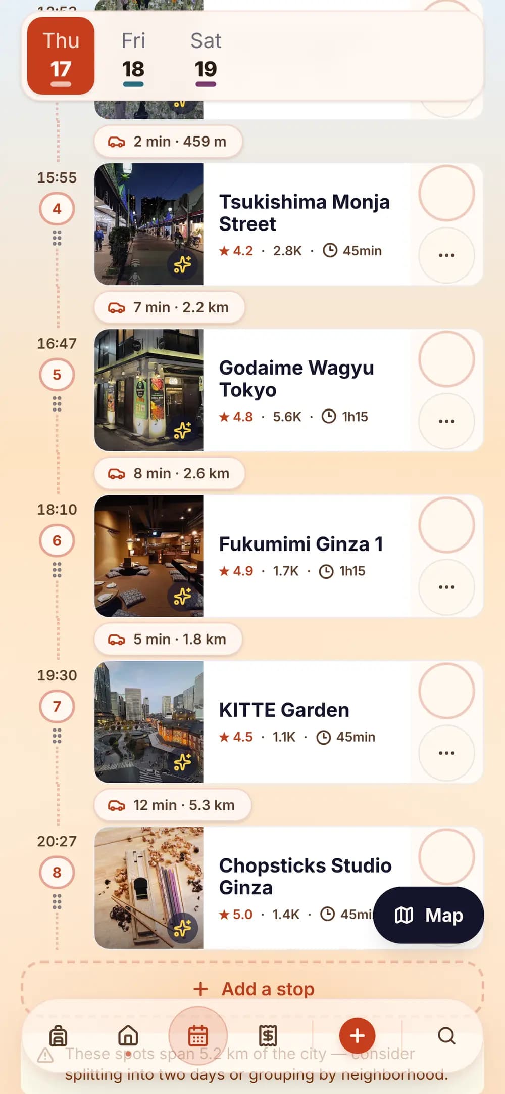 TripSake day plan with stops in order and travel time between them