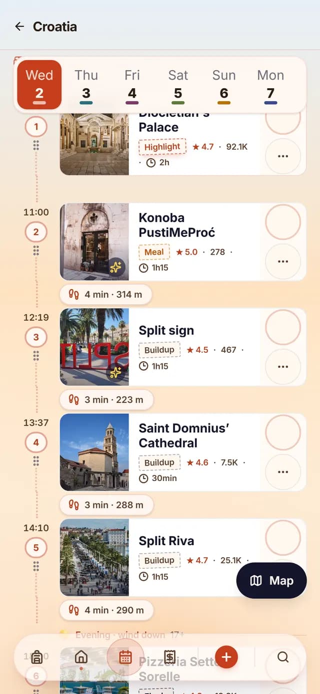 TripSake day plan for the Dalmatian coast trip with the Split stops in order