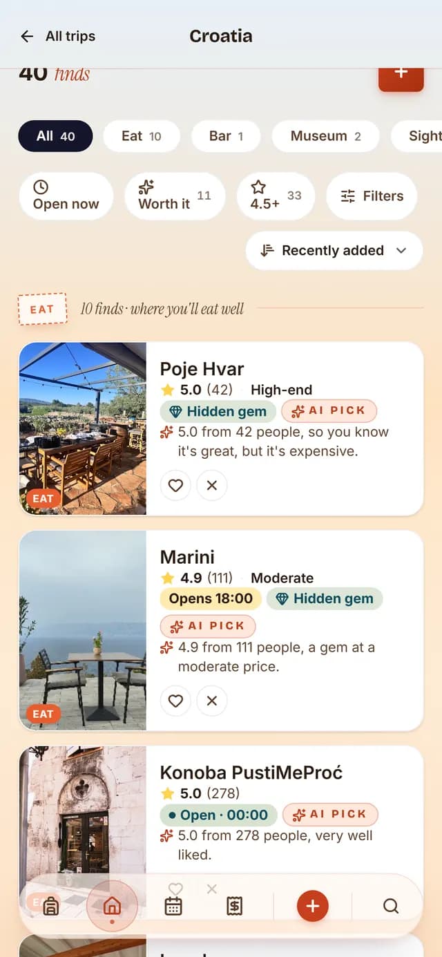 TripSake saved spots for a Croatia trip, showing Split, Hvar and Dubrovnik places with ratings and opening hours
