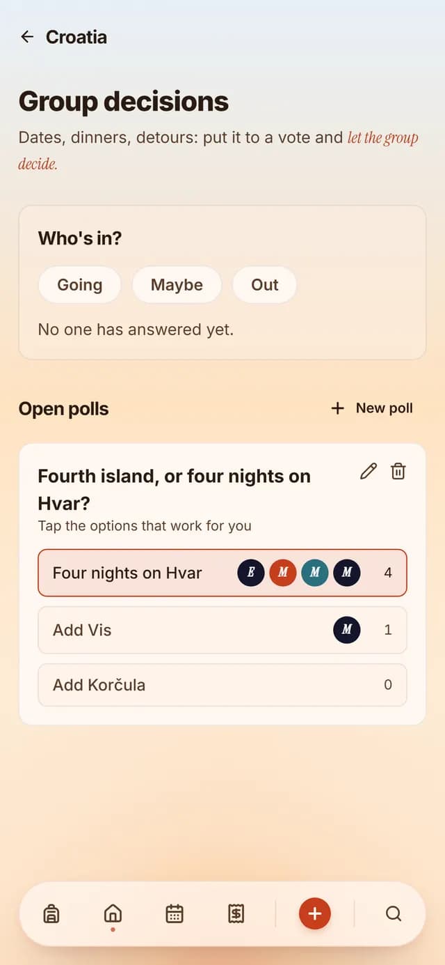 TripSake poll asking whether to add a fourth island or stay four nights on Hvar