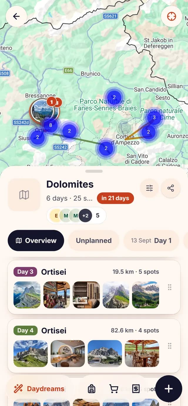 The TripSake trip map for the Dolomites with rifugi, cable car stations and viewpoints pinned