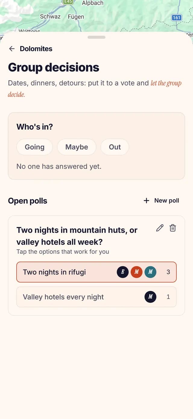 TripSake poll asking whether to spend two nights in mountain huts or stay in valley hotels