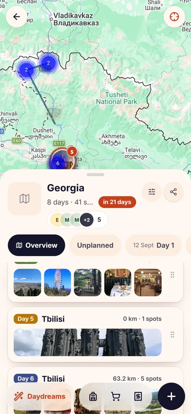 The TripSake trip map for Georgia with saved spots in Tbilisi, the Kazbegi mountains and Kakheti