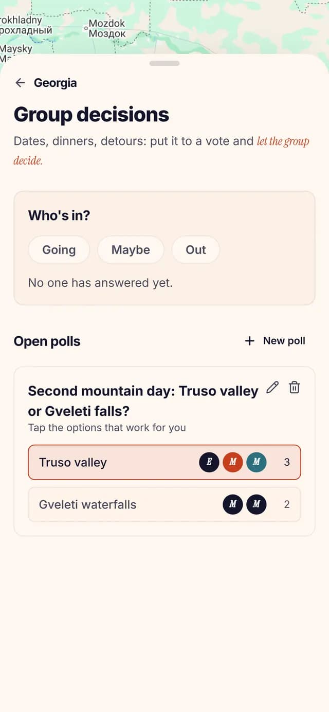 TripSake poll asking whether to spend the second Kazbegi day in the Truso valley or on the Gveleti waterfalls