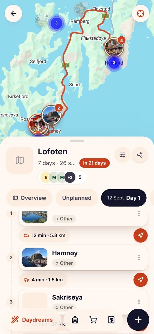 TripSake day plan for a Lofoten day with the Kvalvika and Ryten hike in order