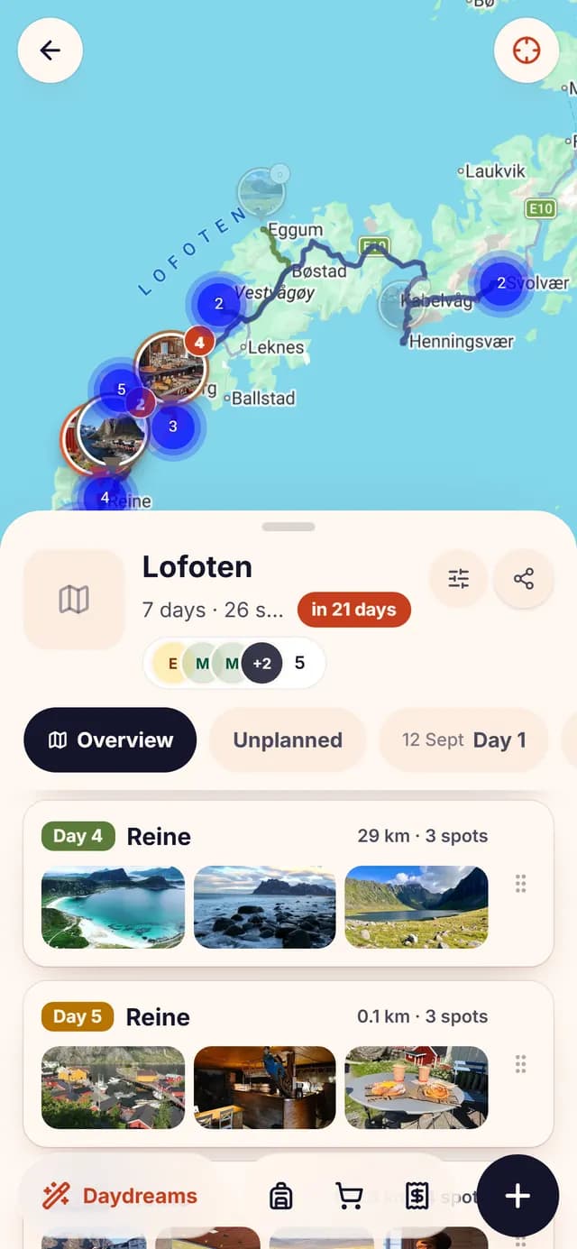 The TripSake trip map for Lofoten with trailheads, beaches and villages pinned along the E10