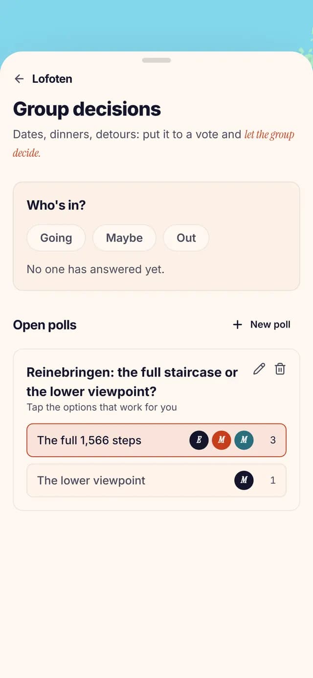 TripSake poll asking whether to hike the full Reinebringen staircase or stop at the lower viewpoint
