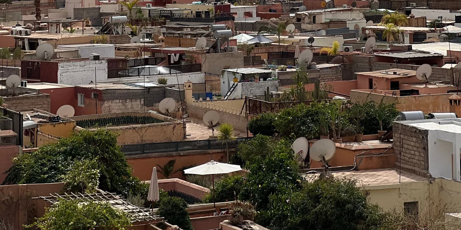Marrakech rooftops seen from a terrace, with satellite dishes, plants and parasols across the medina