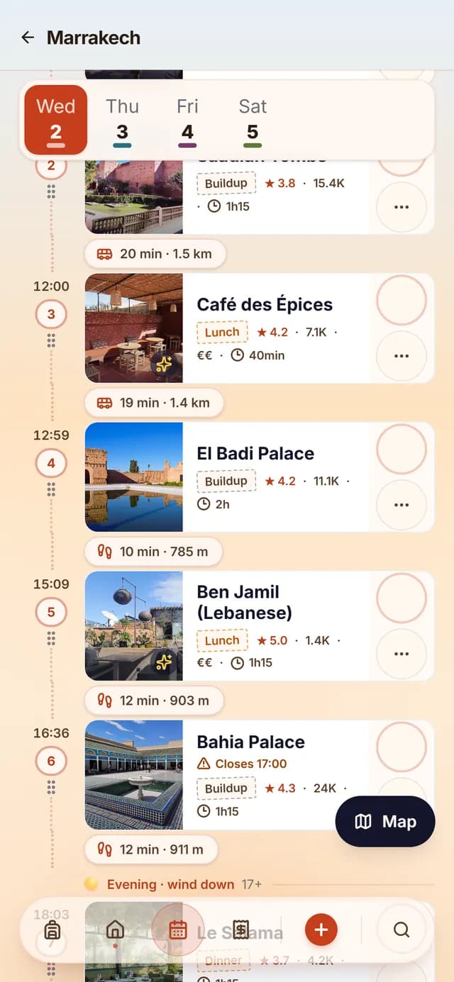 TripSake day plan for a Marrakech medina day with Bahia Palace and El Badi in order