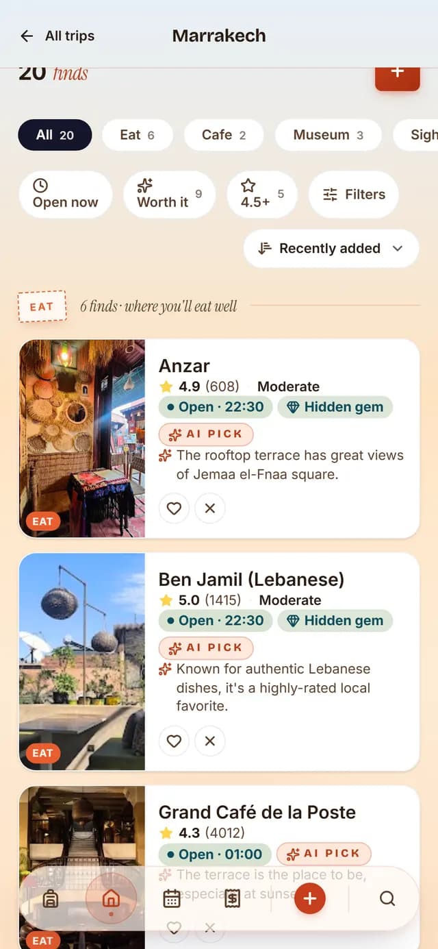 TripSake saved spots for a Marrakech trip, showing palaces, souks and gardens with ratings and opening hours