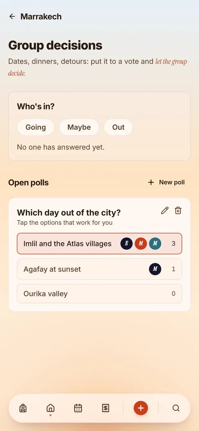 TripSake poll choosing between Imlil, Agafay and the Ourika valley for the day out of the city