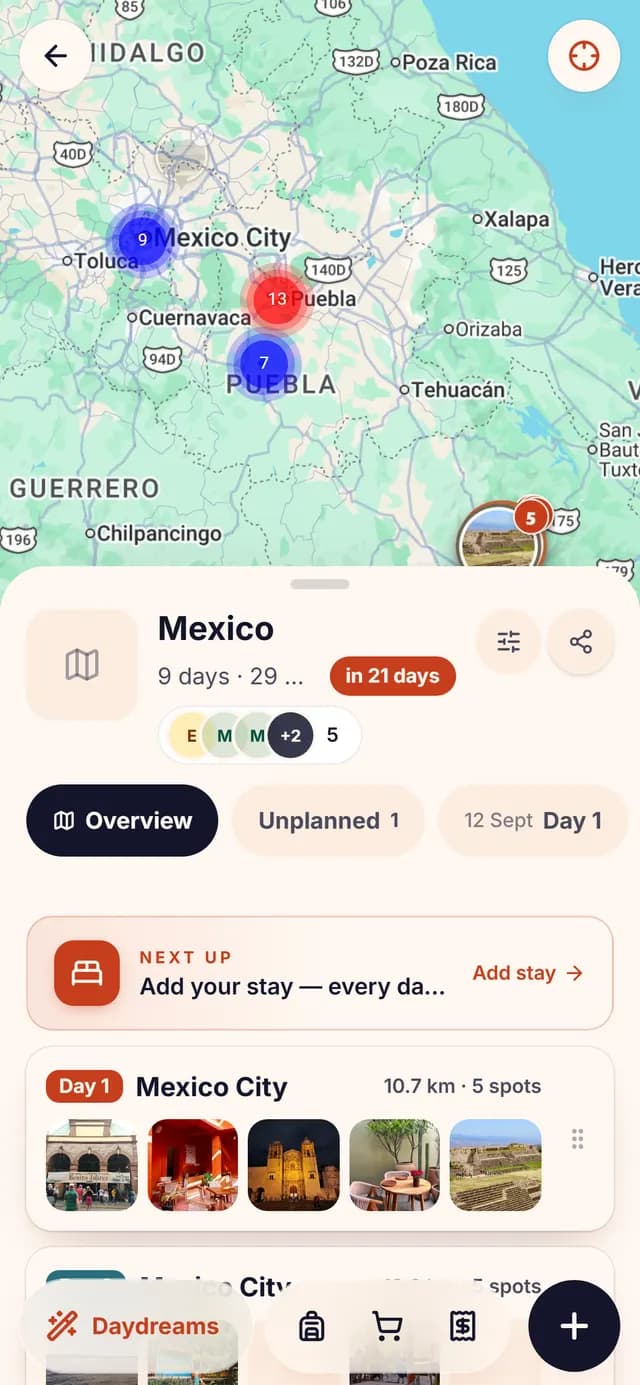 The TripSake trip map for Mexico with saved spots clustered around Mexico City and the Oaxaca valley