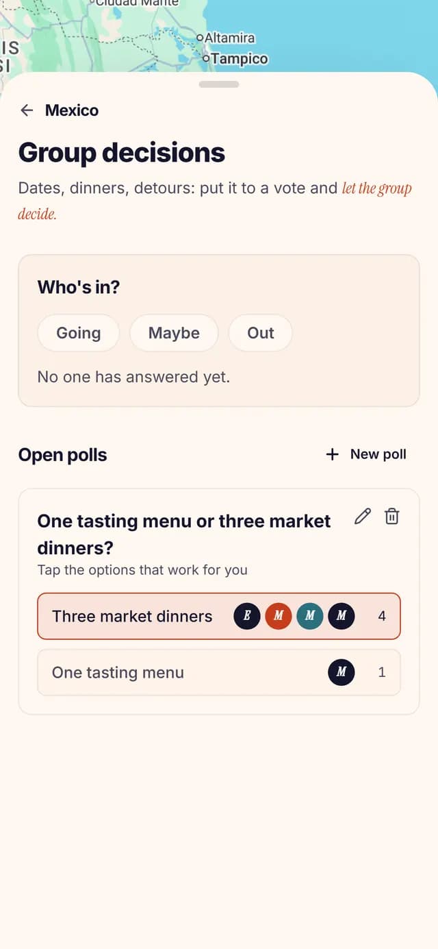 TripSake poll asking whether to spend the budget on one tasting menu or three market dinners