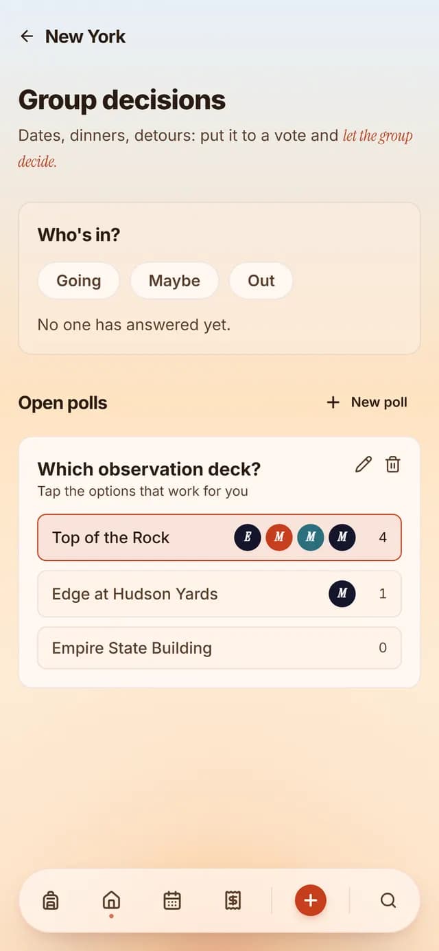 TripSake poll for a New York trip comparing Top of the Rock, Edge and the Empire State Building