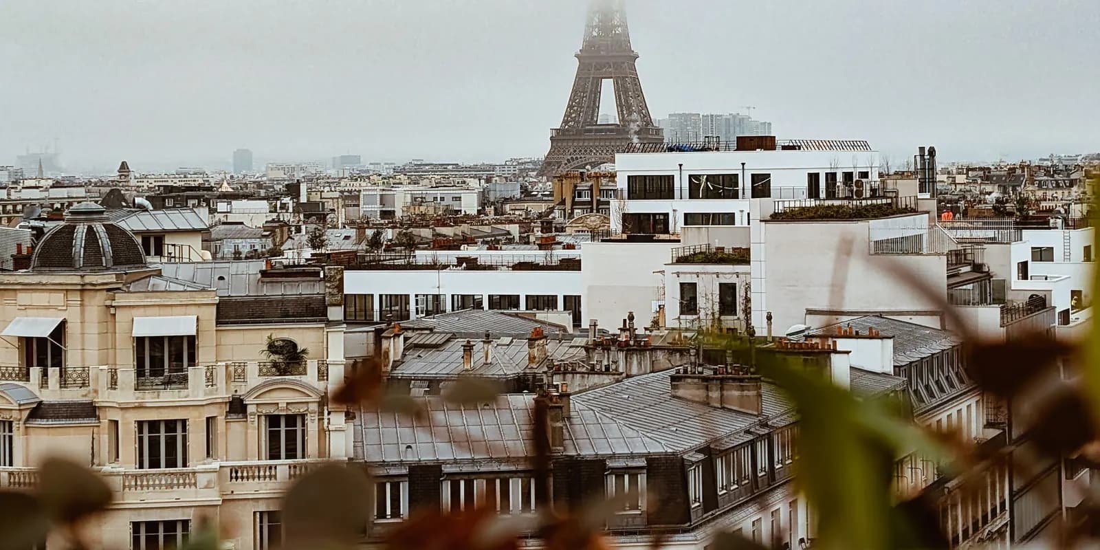 Paris rooftops with the Eiffel Tower behind them on a grey morning