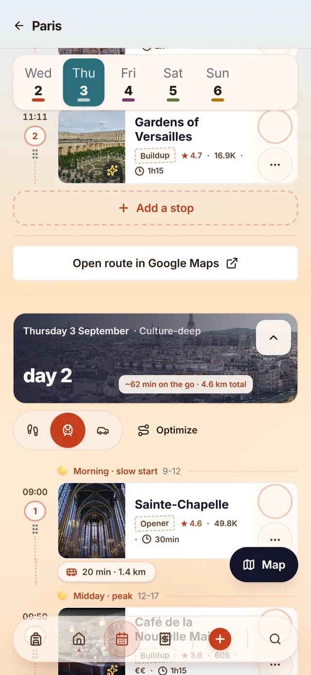 TripSake day plan for the Paris trip with Sainte-Chapelle and the gardens of Versailles on their days