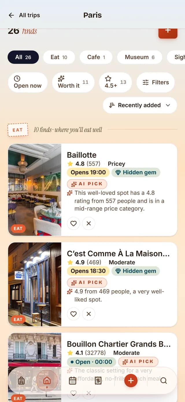 TripSake saved spots for a Paris trip, showing Paris restaurants and sights with ratings and opening hours