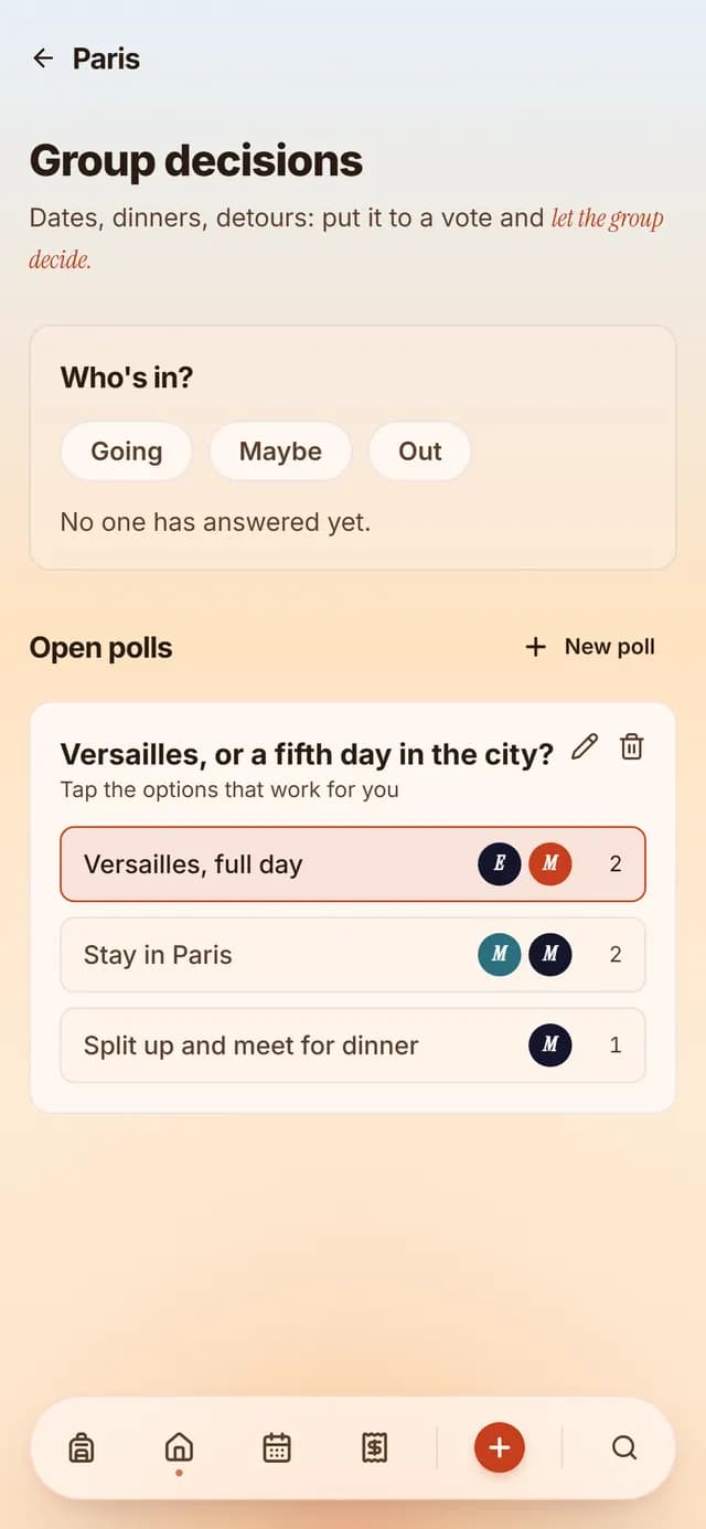 TripSake poll asking whether to spend a day at Versailles or stay in Paris