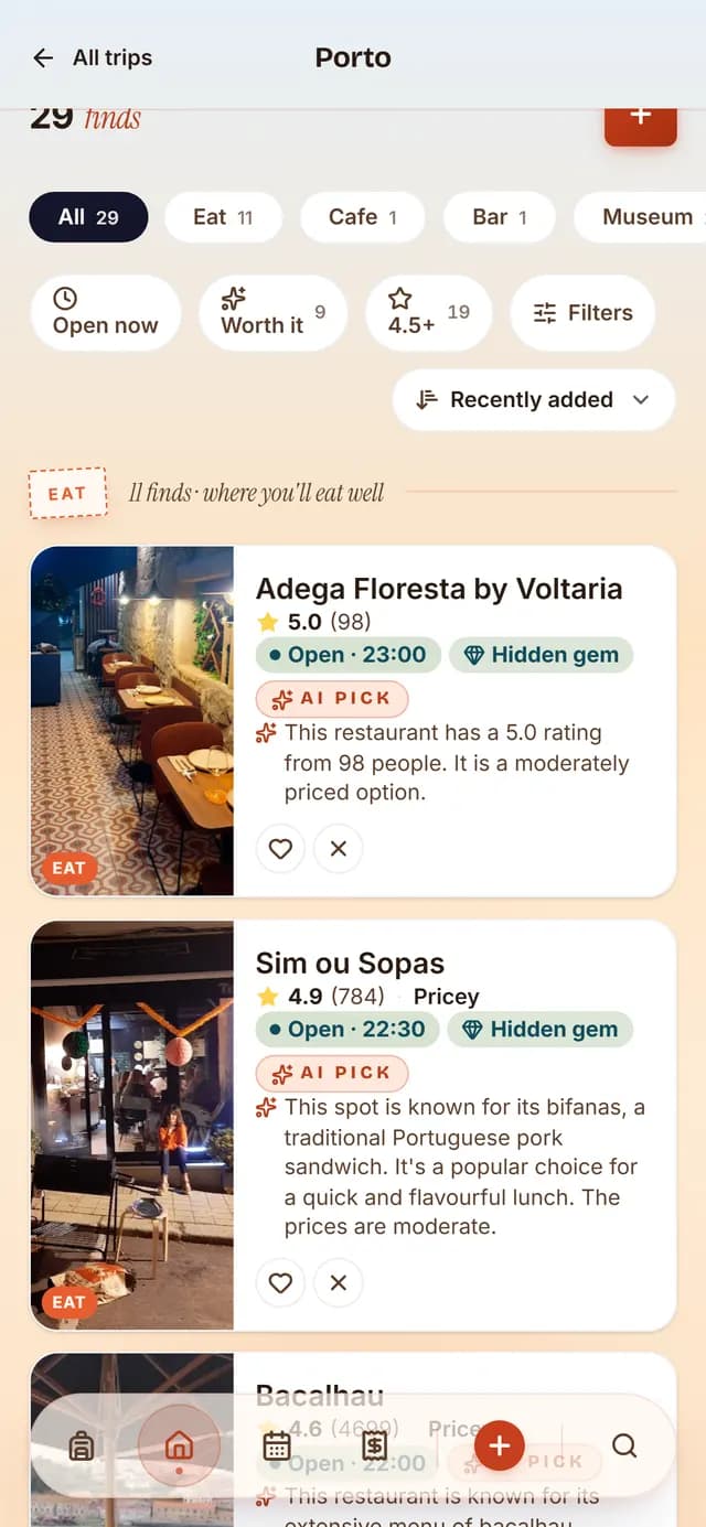 TripSake saved spots for a Porto and Douro trip showing Livraria Lello, Sao Bento station and a Pinhao quinta