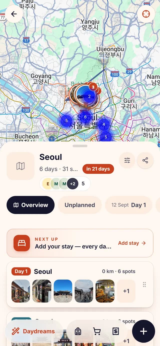 The TripSake trip map for Seoul with saved spots clustered by neighbourhood