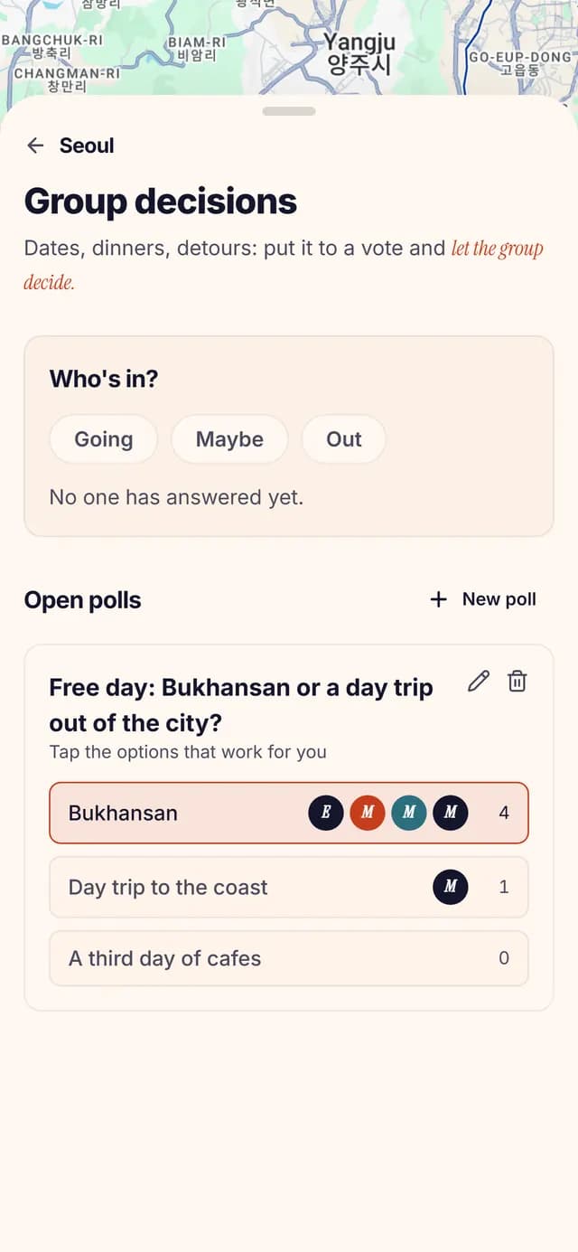 TripSake poll asking whether to spend the free day on Bukhansan or a day trip out of Seoul
