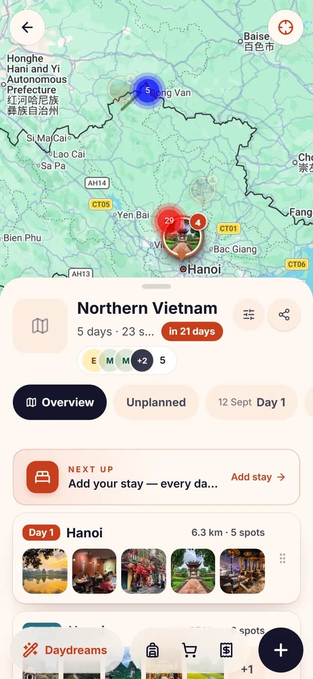 The TripSake trip map for northern Vietnam with saved spots clustered around Hanoi, Ninh Binh and Ha Giang