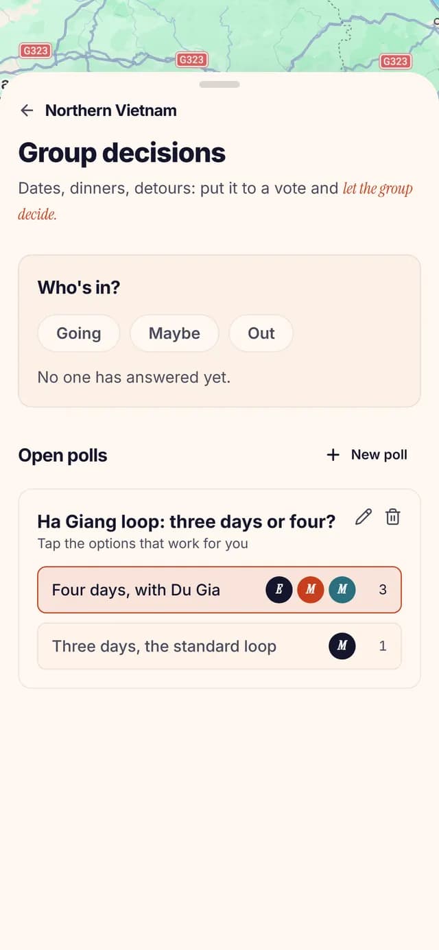 TripSake poll asking whether to ride the Ha Giang loop over three days or four