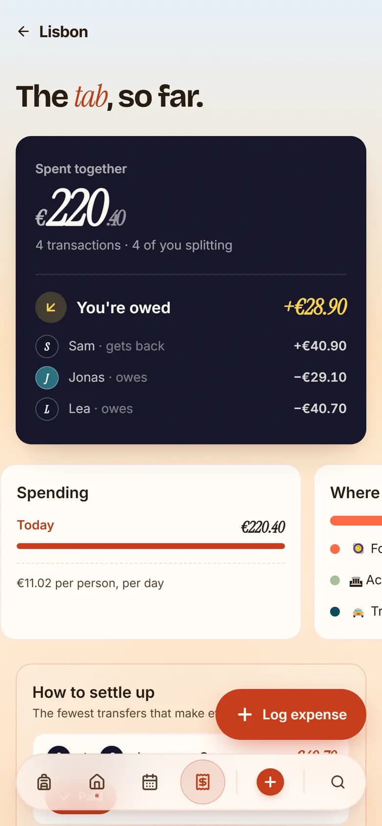 TripSake expense list showing who paid and what each person owes