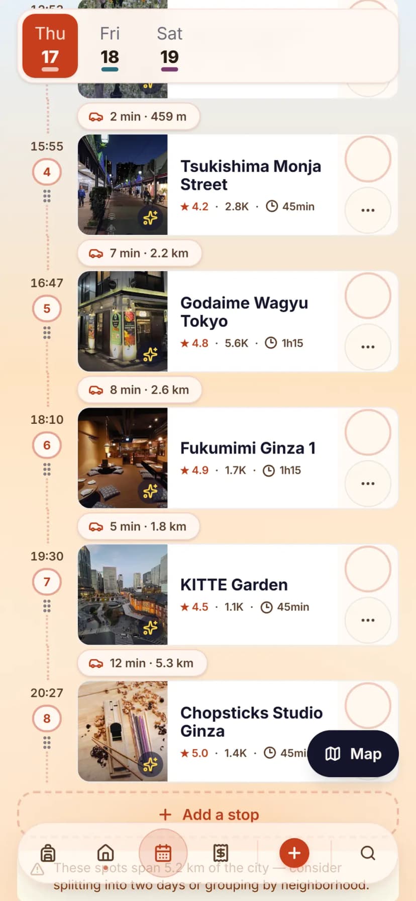 TripSake day plan with a hotel anchoring the first stop