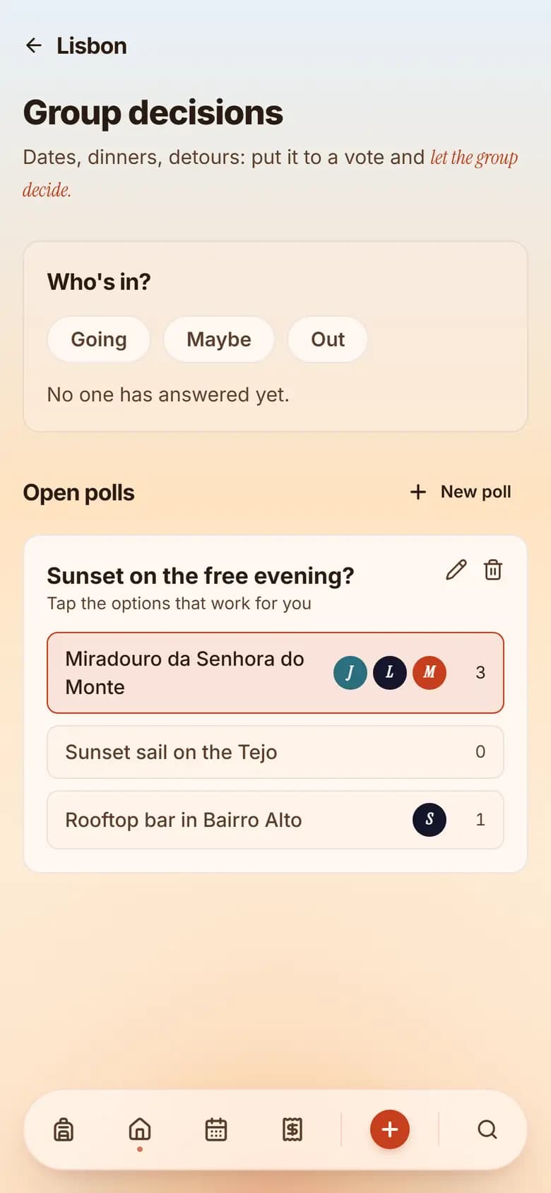 TripSake group vote screen for saved travel places