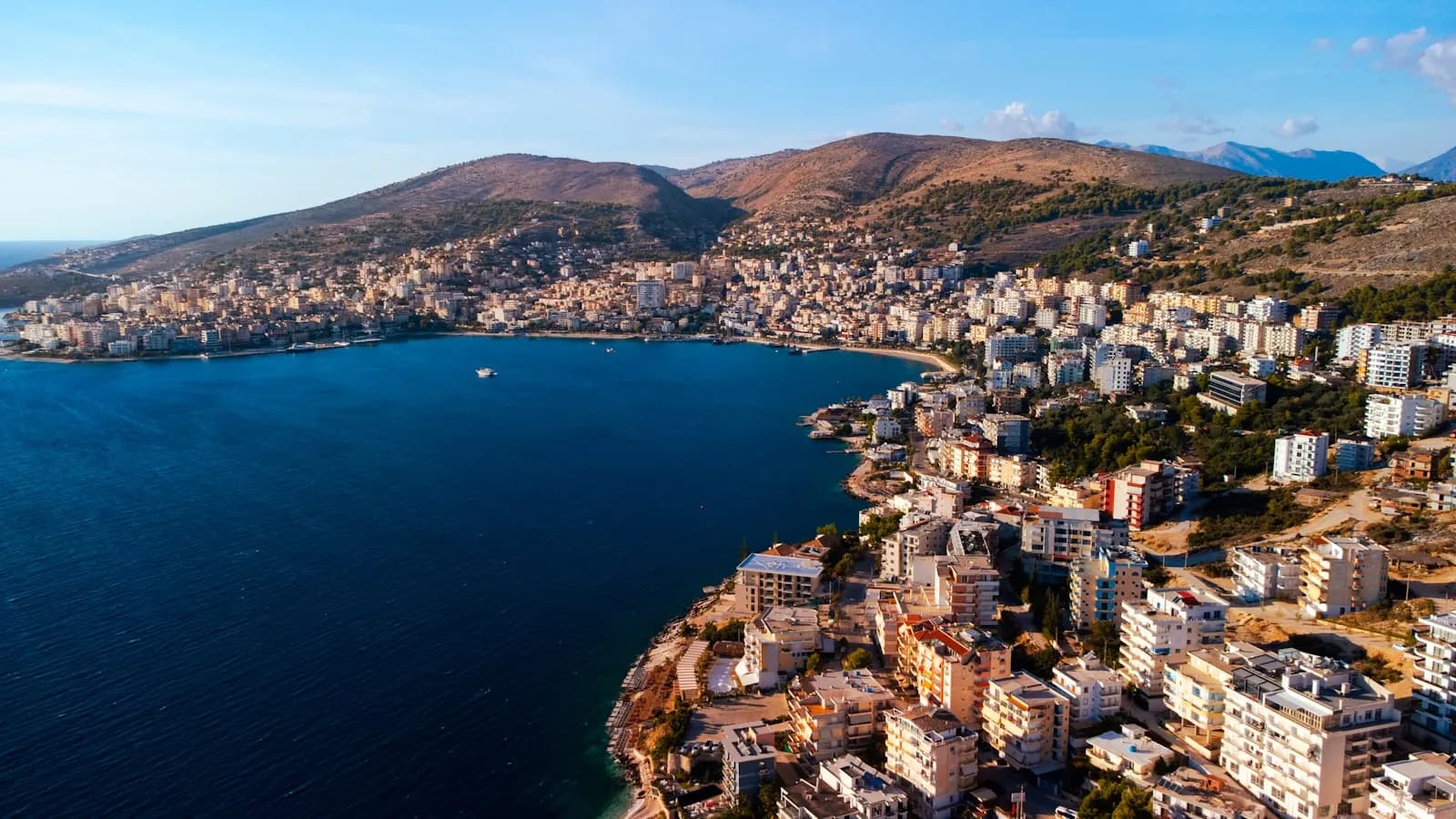 Saranda on the Albanian coast seen from above, the bay and the town stacked up the hillside