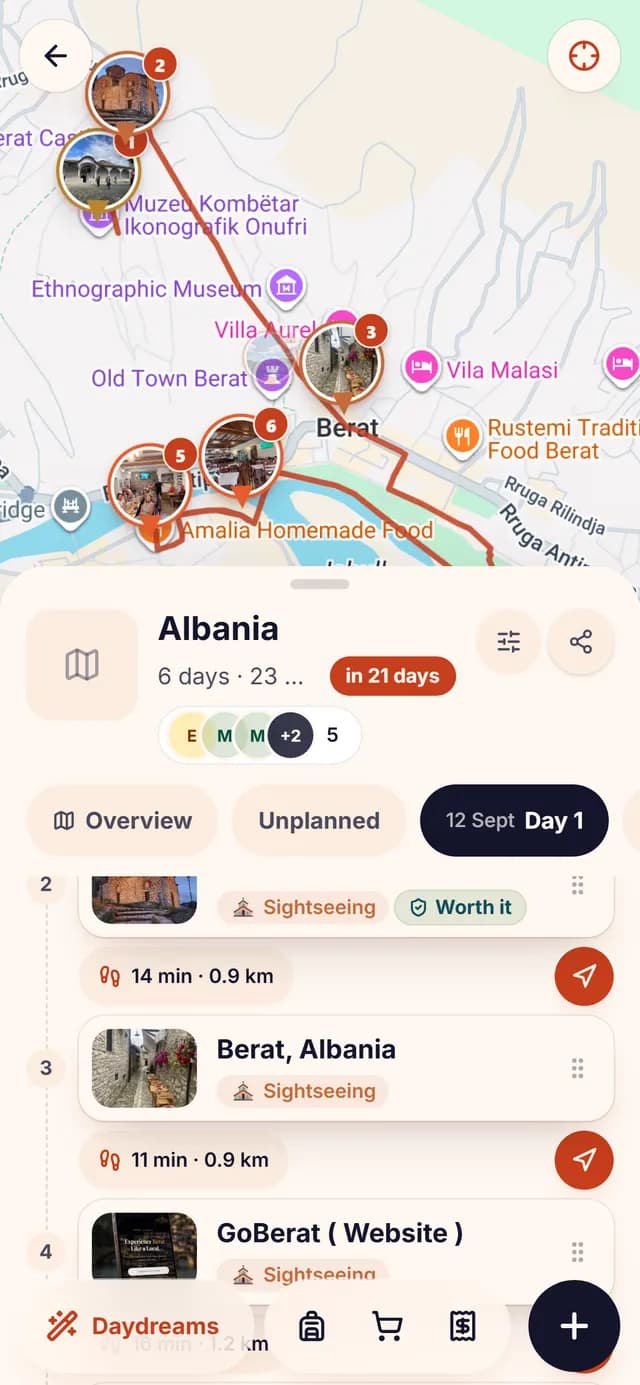 TripSake day plan for the Albania road trip with the Berat stops in order