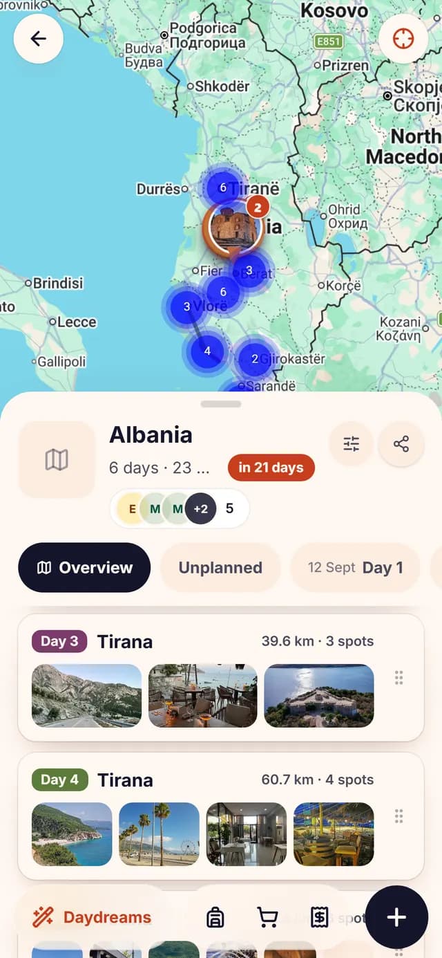 The TripSake trip map for Albania with every saved spot pinned, clustered along the Riviera and the two hill towns