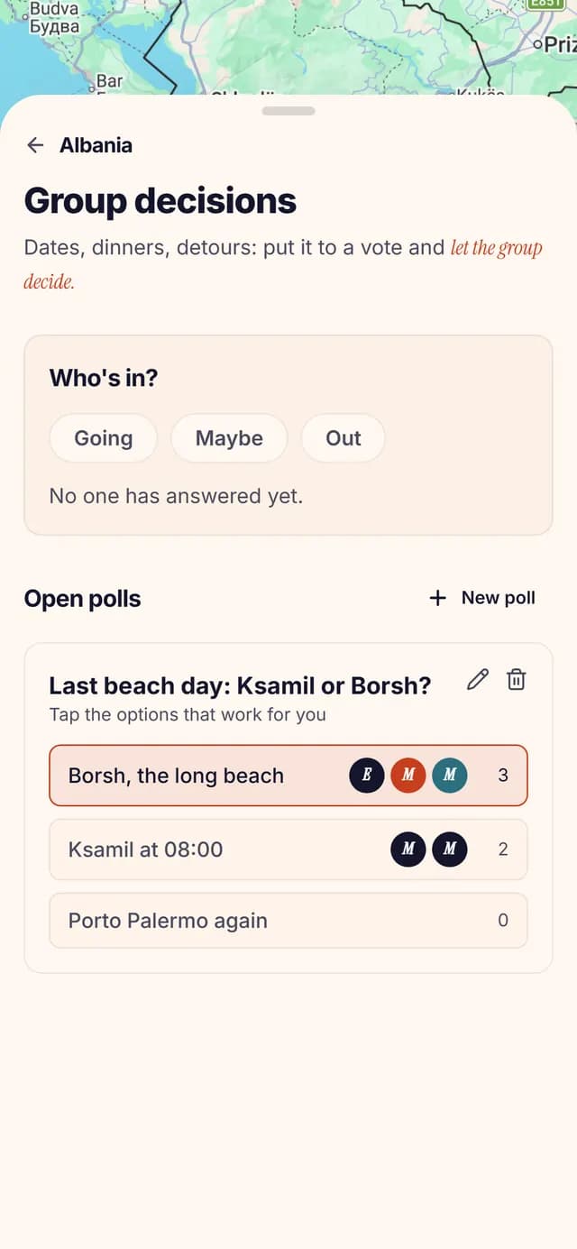 TripSake poll asking the group whether to spend the last beach day at Ksamil or Borsh