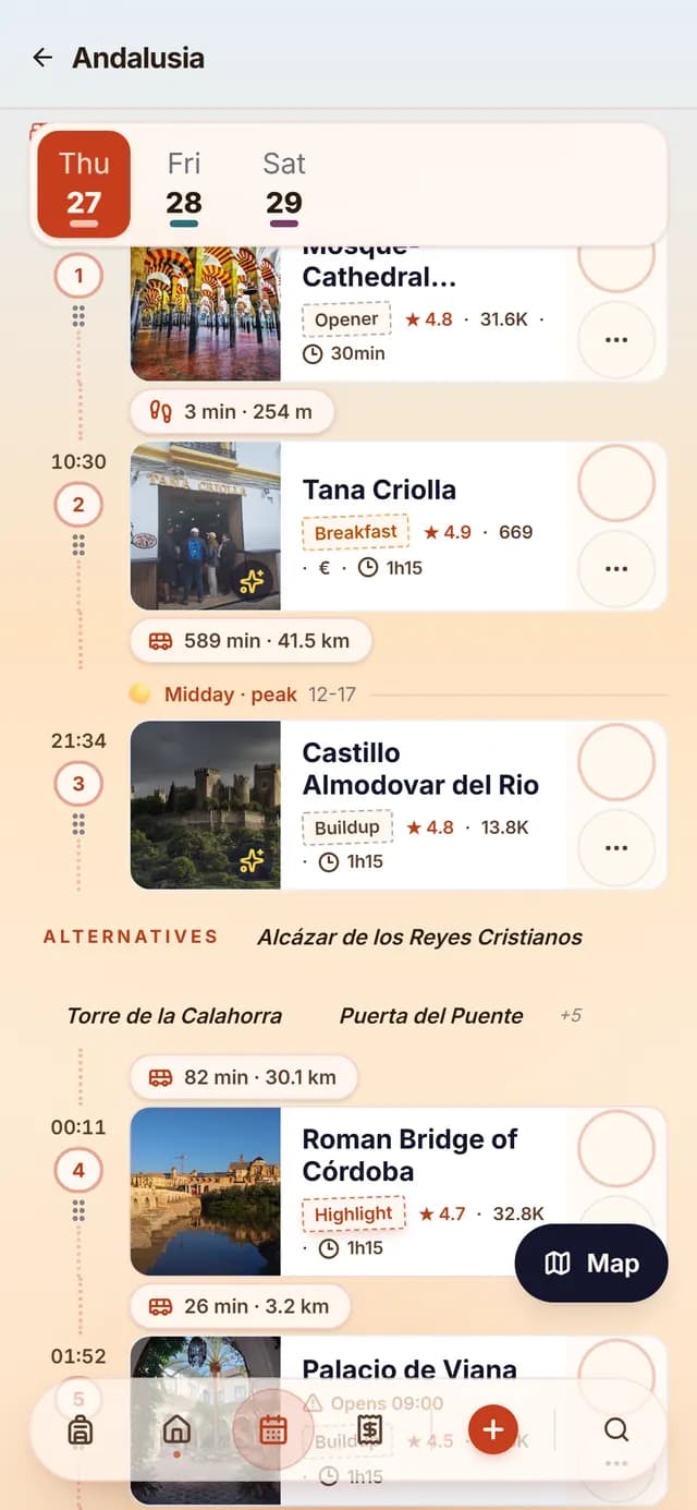 TripSake day plan for the Alhambra day in Granada with a fixed Nasrid Palaces time slot