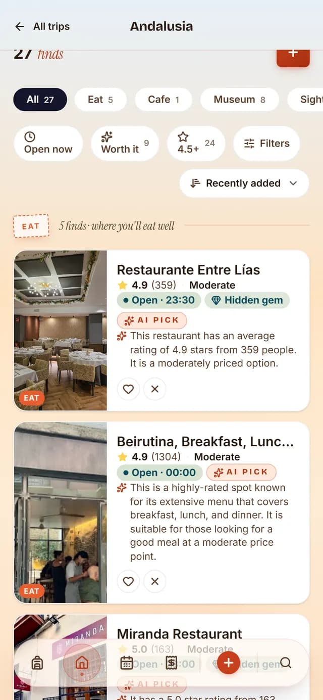 TripSake saved spots for an Andalusia trip showing the Alhambra, Real Alcazar and Mezquita with ratings