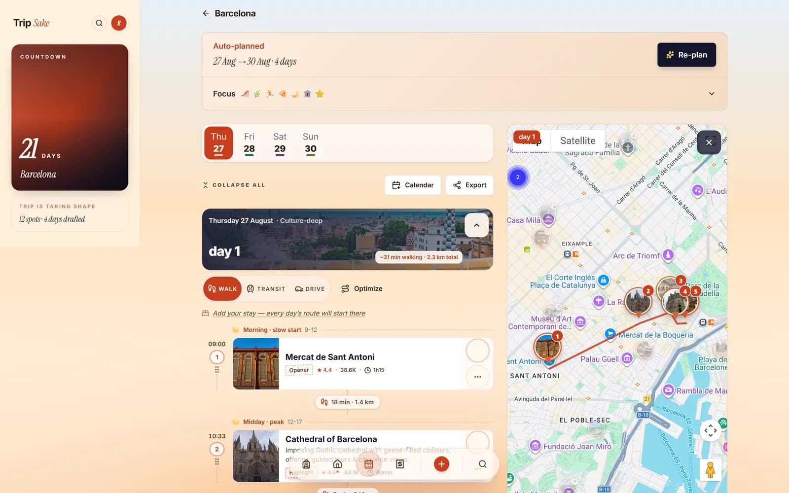 The four-day Barcelona plan open in TripSake on a laptop
