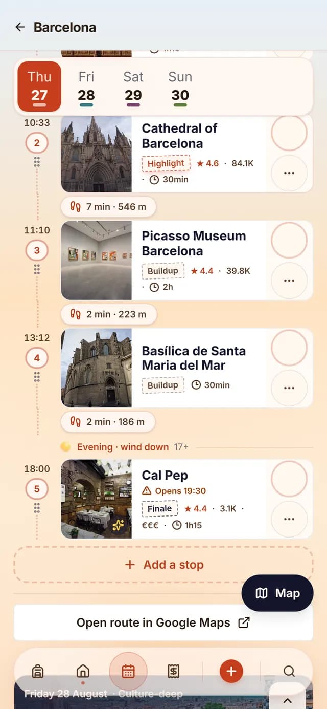 TripSake day plan for the Gracia and Park Guell day starting at 08:30