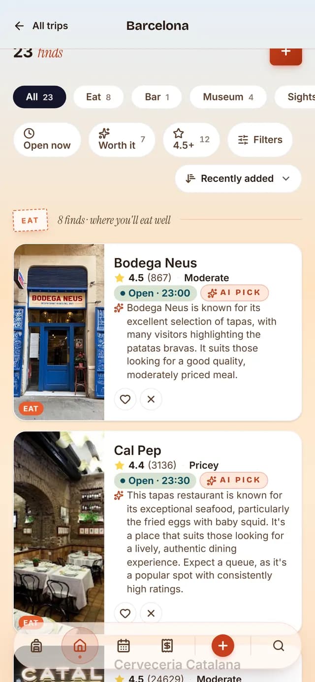 TripSake saved spots for a Barcelona trip showing Sagrada Familia, Park Guell and Bunkers del Carmel with ratings