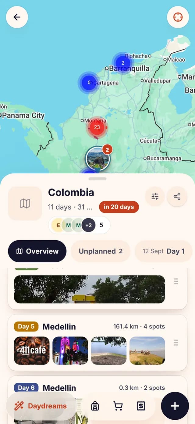 The TripSake trip map for Colombia with saved spots in Medellin, Guatape and on the Caribbean coast
