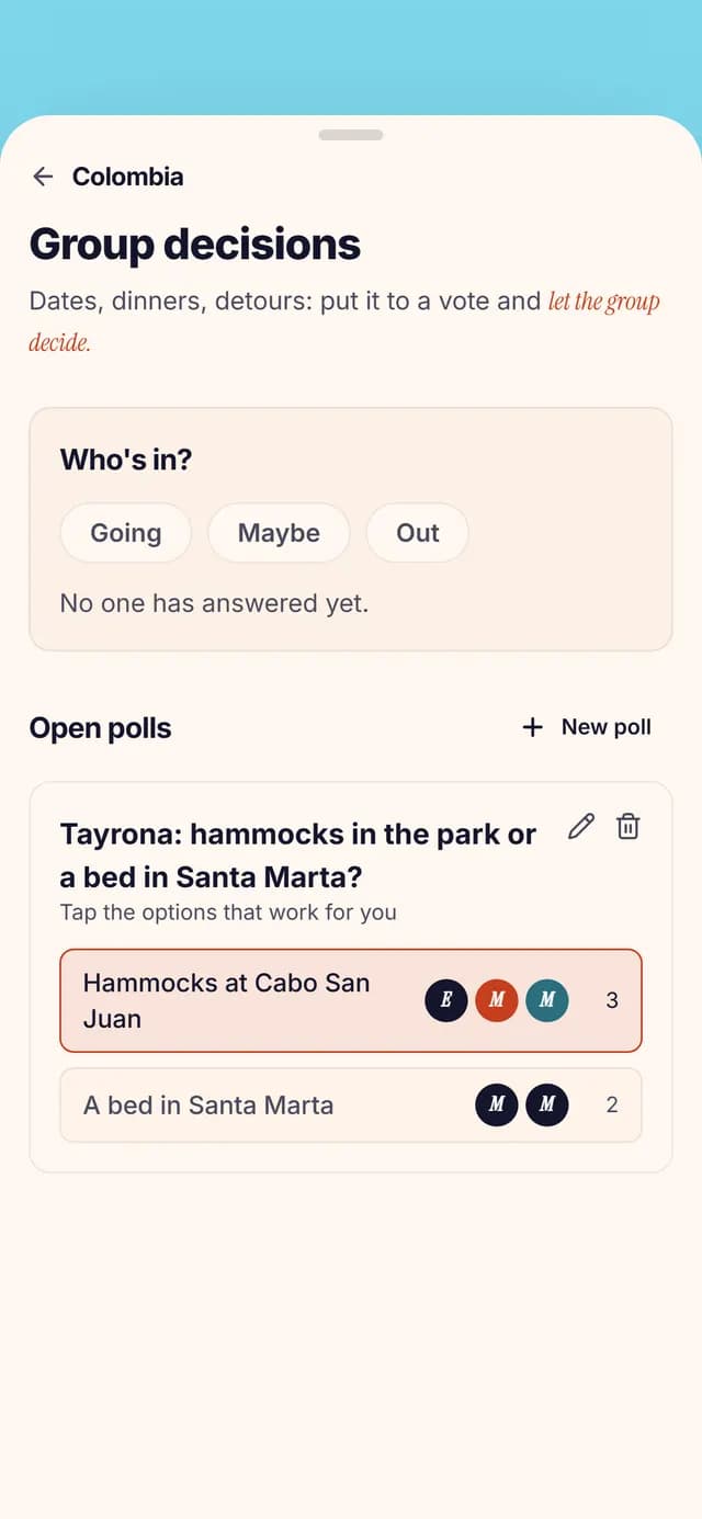 TripSake poll asking whether to sleep in a Tayrona hammock or return to Santa Marta