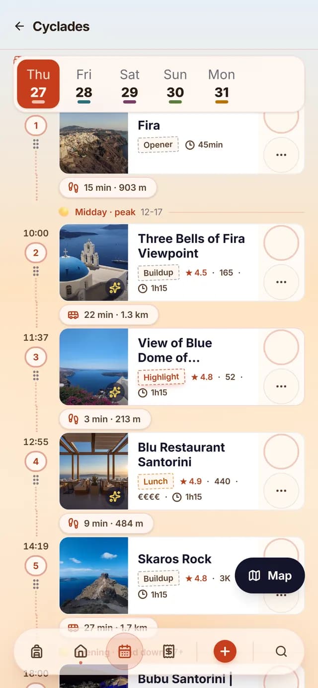 TripSake day plan for the Santorini caldera walk day starting at 07:15 from Fira