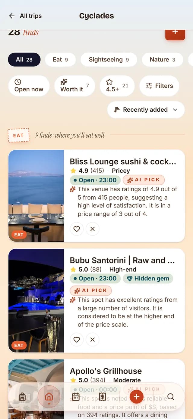 TripSake saved spots for a Cyclades trip showing Oia, the caldera path, Plaka beach and Apiranthos