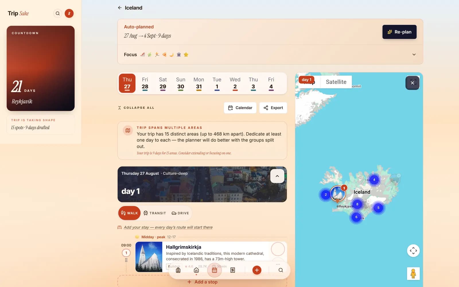 TripSake nine-day Iceland ring road plan on a laptop