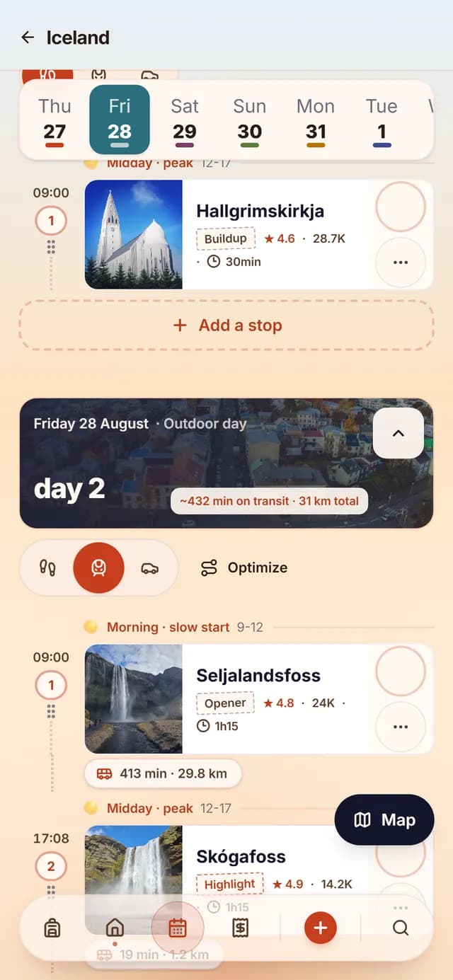TripSake day plan for the glacier day showing Skaftafell, Jokulsarlon and driving times between stops