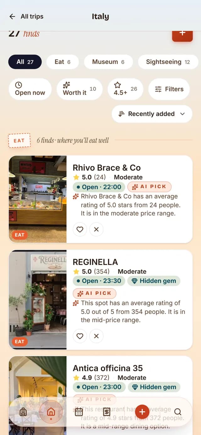 TripSake saved spots for an Italy trip showing the Colosseum, Vatican Museums and Uffizi with ratings