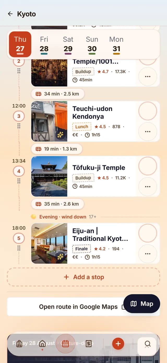 TripSake day plan for the Fushimi Inari day starting at 06:45