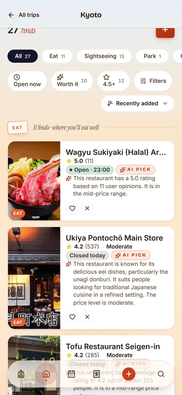 TripSake saved spots for a Kyoto and Osaka trip showing Fushimi Inari, Todai-ji and the Umeda Sky Building