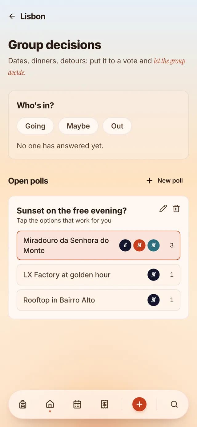 TripSake group vote screen for a Lisbon trip showing Miradouro da Senhora do Monte and LX Factory options
