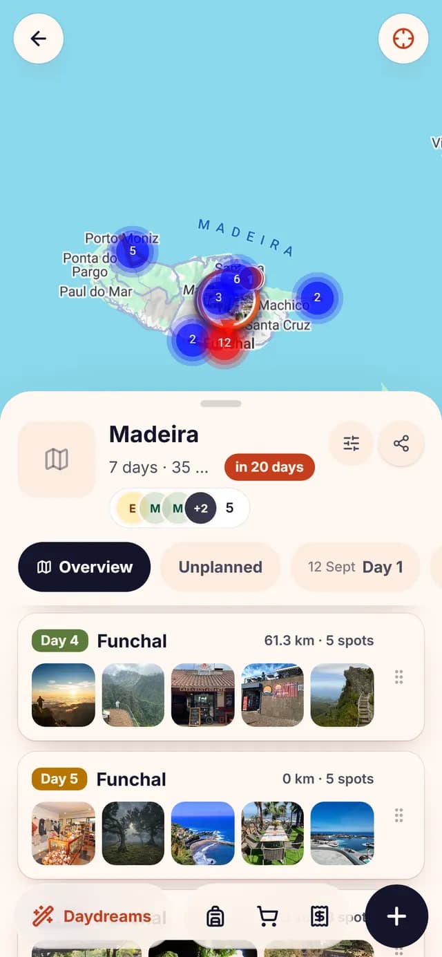 The TripSake trip map for Madeira with levada trailheads and viewpoints pinned on both coasts